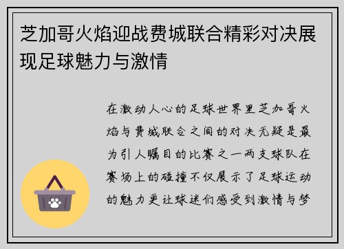 芝加哥火焰迎战费城联合精彩对决展现足球魅力与激情